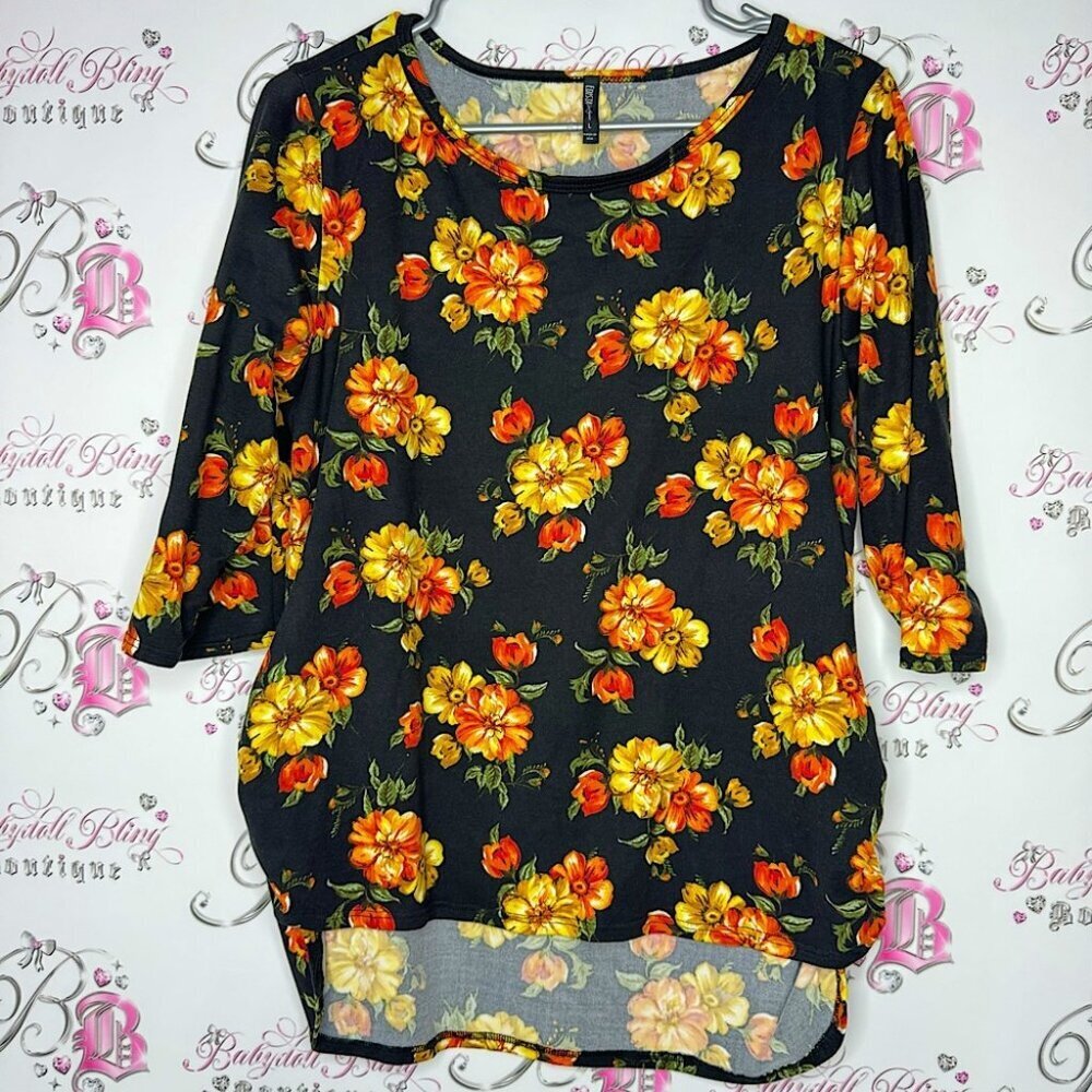 Edista top floral Mary golds black orange green yellow flowers 💐floral high low